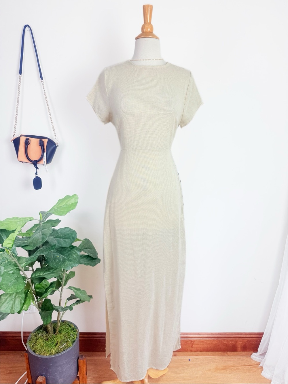 Free People Cream cotton coverup side button open back Short-Sleeve Maxi Dress